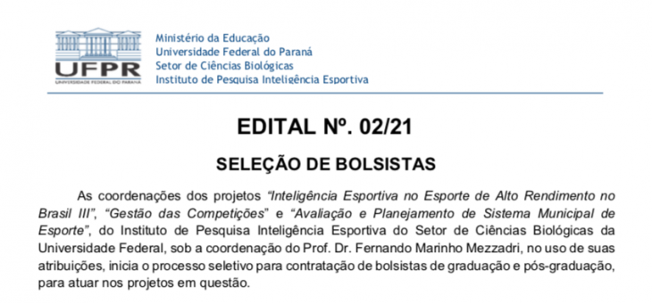 EDITAL N. 02/21 – SELEÇÃO DE BOLSISTAS