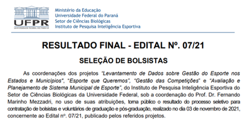 Resultado Final – Edital N. 07/21 – Seleção de Bolsistas