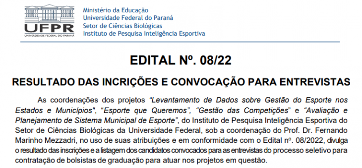 EDITAL Nº 08/22 – RESULTADO DAS INCRIÇÕES E CONVOCAÇÃO PARA ENTREVISTAS