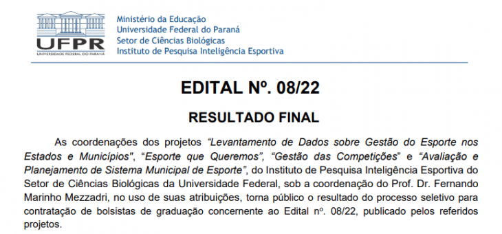 EDITAL Nº – 08/22 RESULTADO FINAL