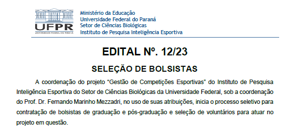 EDITAL Nº. 12/23 – SELEÇÃO DE BOLSISTAS