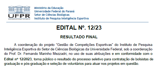 EDITAL Nº. 12/23 – RESULTADO FINAL